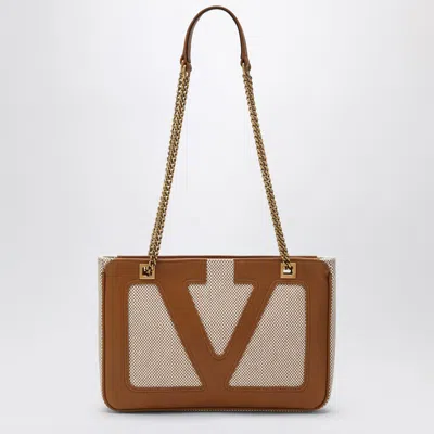 VALENTINO GARAVANI VALENTINO GARAVANI SMALL VIVA SUPERSTAR BAG IN NATURAL/SPICE CANVAS