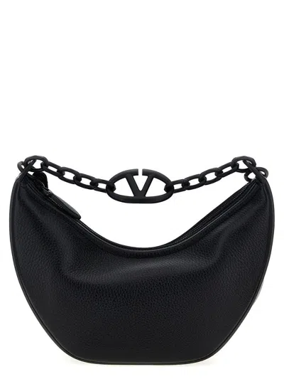 Valentino Garavani Small Vlogo Moon Bag Hobo In Hammered Leather In Black
