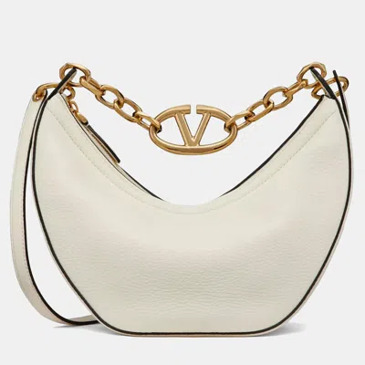 Pre-owned Valentino Garavani Small Vlogo Moon White Grainy Calfskin Handbag