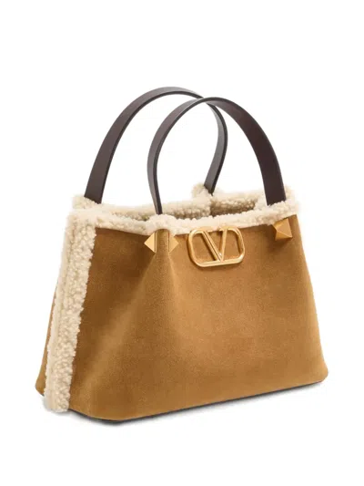 Valentino Garavani Small Vlogo Signature Suede Tote Bag In Brown