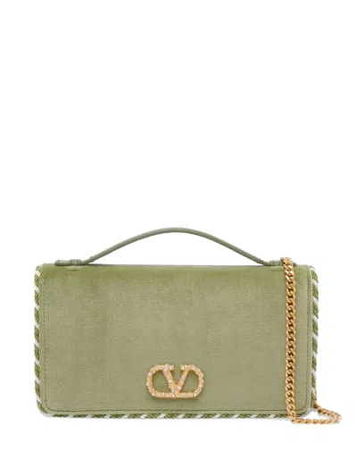 Valentino Garavani Small Vlogo Signature Velvet Clutch Bag In Green