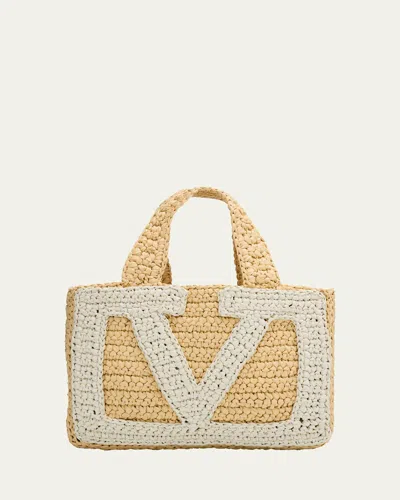 Valentino Garavani Small Vlogo Viscose Raffia Tote Bag In Brown