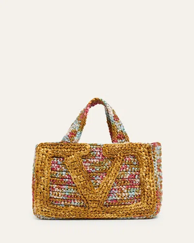 Valentino Garavani Small Vlogo Viscose Raffia Tote Bag In Multi