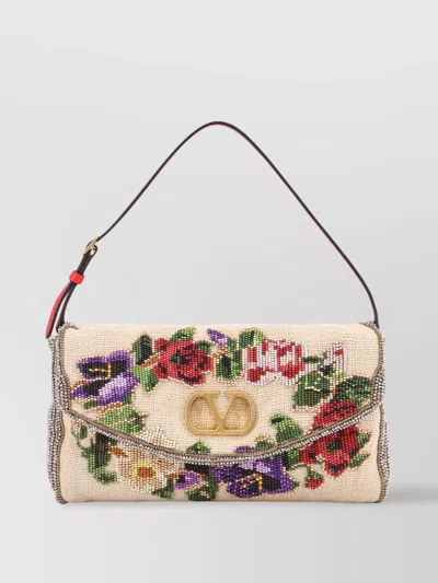 VALENTINO GARAVANI SOFT LINEN SHOULDER BAG WITH BEADED FLORAL EMBROIDERY