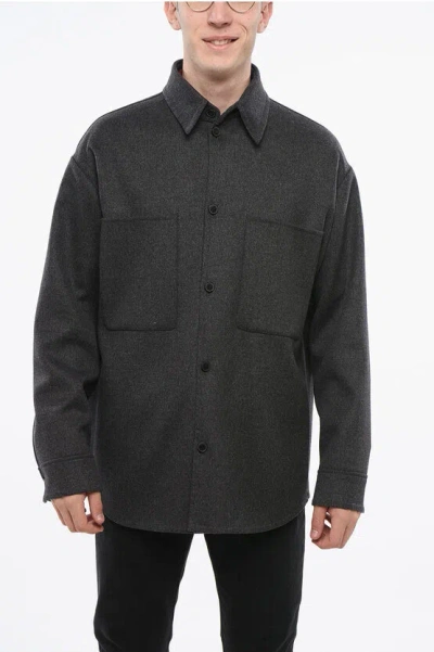 Valentino Solid Color Virgin Wool Overshirt With Double Breast Pocket In Gray