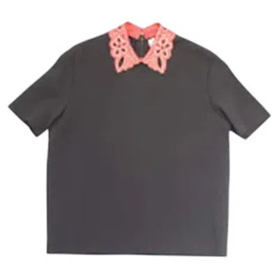 Pre-owned Valentino Spa Leather Trim Collar Short Sleeve Top Shirt Black Small - Nwt