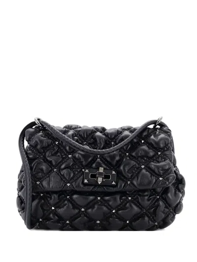 Pre-owned Valentino Garavani Spikeme Flap Bag Quilted Leather Medium Crossbody Bag In Black