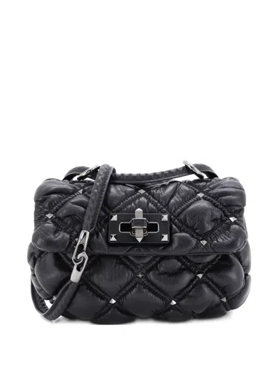 Pre-owned Valentino Garavani Spikeme Flap Bag Quilted Leather Small Crossbody Bag In Black