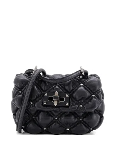 Pre-owned Valentino Garavani Spikeme Flap Bag Quilted Leather Small Crossbody Bag In Black