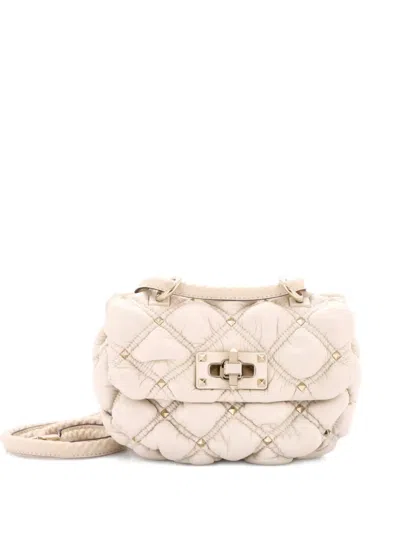 Pre-owned Valentino Garavani Spikeme Flap Bag Quilted Leather Small Crossbody Bag In Neutral