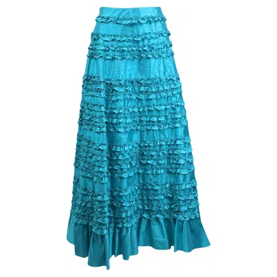 Pre-owned Valentino Spring 2002 Look 44 Long Ruffle Skirt Turquoise In Blue