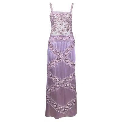 Pre-owned Valentino Spring 2007 Look 58 Maxi Lilas Satin Dress With Embroidered Tulle In Gray