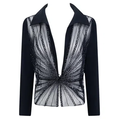 Pre-owned Valentino S/s 2001  Garavani Sheer Beaded Collared Blouse In Black