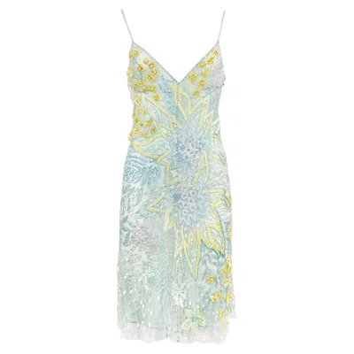 Pre-owned Valentino Ss 2004 Runway Turquoise Embellished Silk Dress In Gray