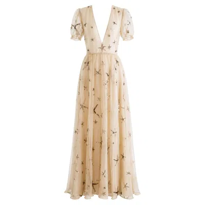 Pre-owned Valentino S/s 2015 Starfish Silk Organza Sequin Embellished Gown In Beige