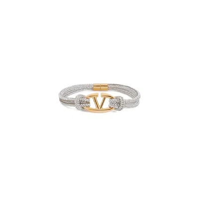 Valentino Garavani Ss24 Metallic Brass Bracelet With Strass Accents In Silver
