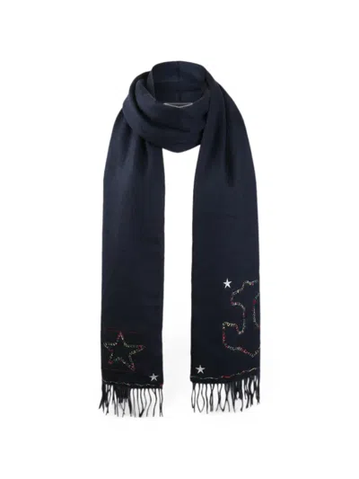 Valentino Star-embroidered Fringed Scarf In Blue