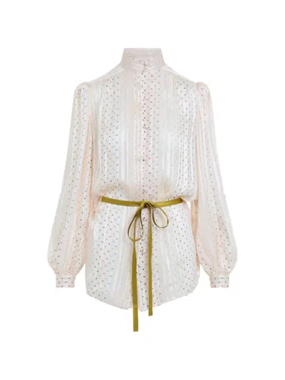 Valentino All-over Stars Belted Silk Blouse In Metallic