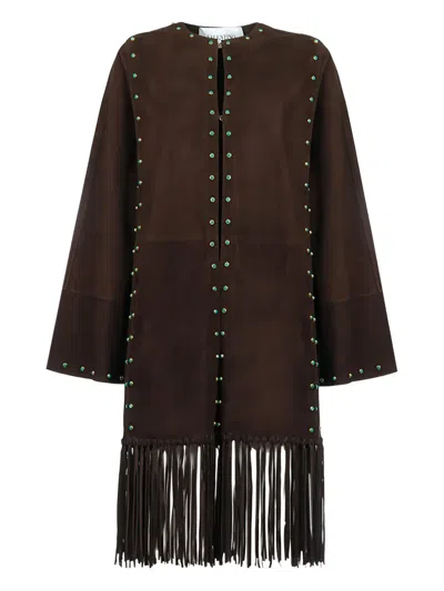 Valentino Stone-embellished Fringed Coat In Brown