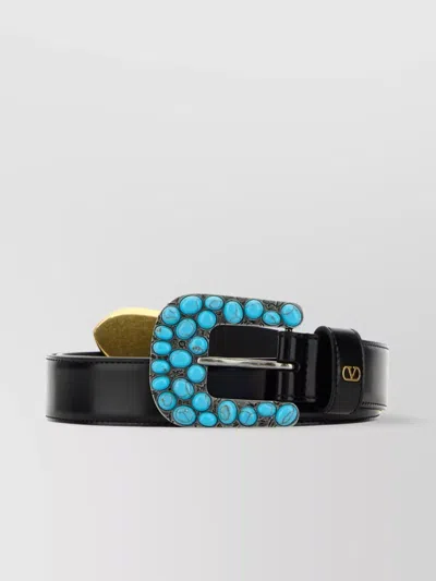 Valentino Garavani Stone Embellished Leather Belt In Black
