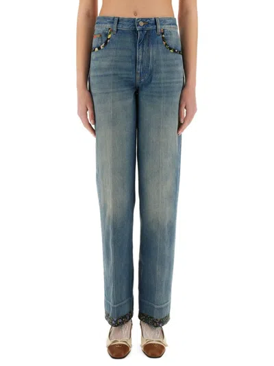 Valentino Straight-fit Denim Pants With Colorful Embellishments In Medium Blue Denim