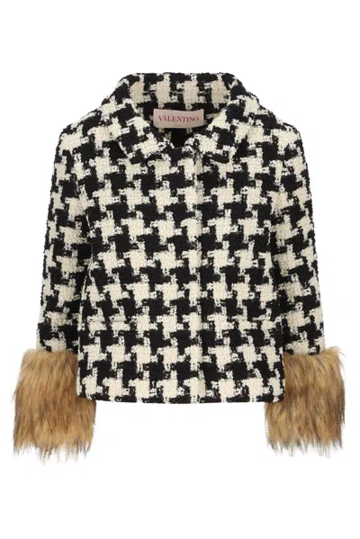 Valentino Faux-fur Macro Houndstooth Tweed Jacket In Beige