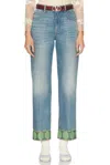 Valentino Medium Blue Jeans With Green Embroidery, Straight Leg, High Waist In Medium Blue