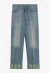 Valentino Medium Blue Jeans With Green Embroidery, Straight Leg, High Waist In Blue