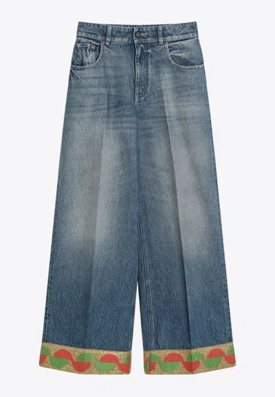 VALENTINO STRAIGHT-LEG WASHED JEANS WITH JACQUARD HEM