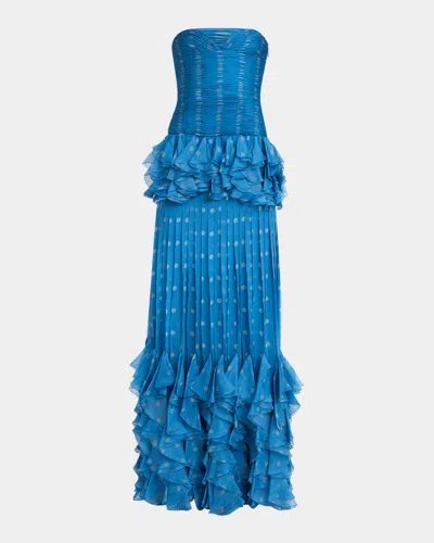 Valentino Strapless Pleated Polka-dot Gown In Blue