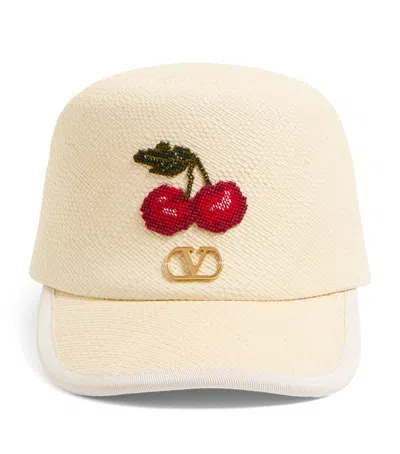 VALENTINO GARAVANI STRAW VLOGO SIGNATURE CHERRYFIC BASEBALL CAP