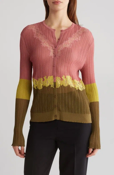 Valentino Stripe Lace Rib Cardigan In Antico-certosa-lagoon