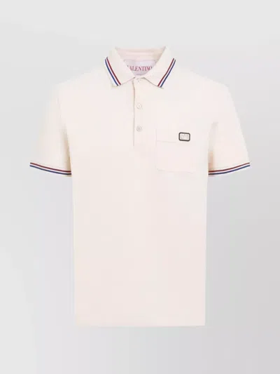 Valentino Cotton Piqué Polo Shirt With V-logo Patch In Neutral