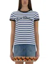 Valentino Womens Striped Embroidered Cotton-jersey T-shirt Avorio Blu