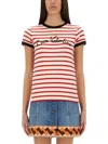 Valentino Women Ivory Striped Jersey Embroidered T-shirt In Red
