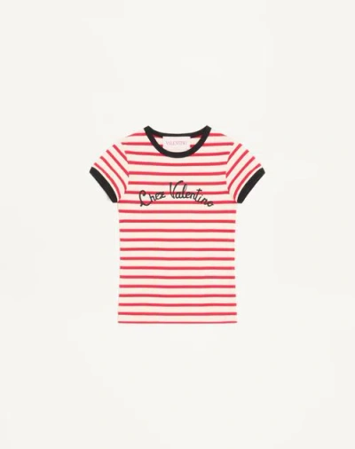 Valentino Striped Cotton Jersey T-shirt Woman Ivory/red Xs In Multi