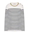 Valentino Embellished Striped Ribbed Cotton Sweater In White