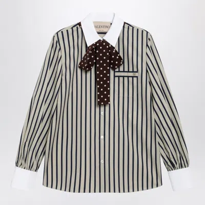 Valentino Striped Cotton Shirt With Scarf In Beige And Blue In Animal Print