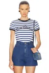 Valentino Womens Striped Embroidered Cotton-jersey T-shirt Avorio Blu In Avorio & Blu