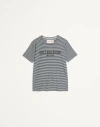 Valentino White Roundneck Striped T-shirt In Butter/indigo