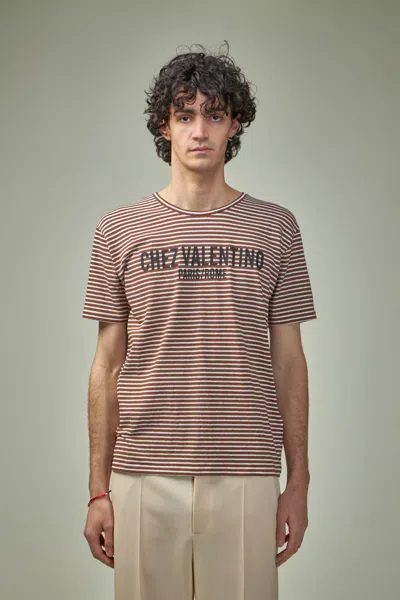 VALENTINO STRIPED COTTON T-SHIRT WITH CHEZ VALENTINO PRINT