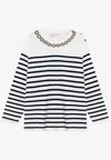 Valentino Embellished Striped Ribbed Cotton Sweater In Ivory