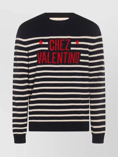 Valentino Striped Crewneck Sweater Ribbed Finish In Black