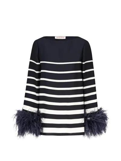 Valentino Striped Feather-trimmed Blouse In Black