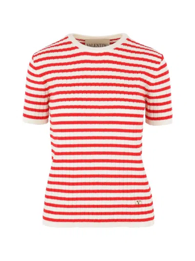 Valentino Ribbed And Striped Cotton T-shirt In Multi