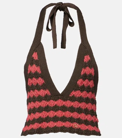 Valentino Striped Knitted Cotton Crop Top In Red