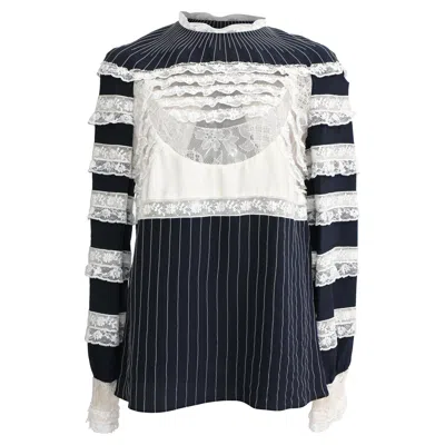 Pre-owned Valentino Striped Lace-trimmed Blouse In Navy Blue Silk