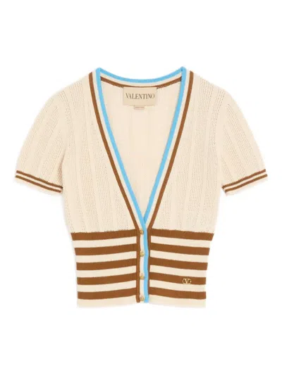 Valentino Striped Logo-plaque Cardigan In Neutral