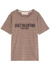 Valentino Striped Cotton T-shirt With Chez Print In Brown