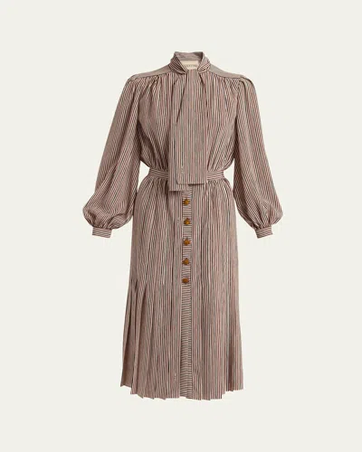 Valentino Striped Neck-scarf Balloon-sleeve Midi Shirtdress In Brown